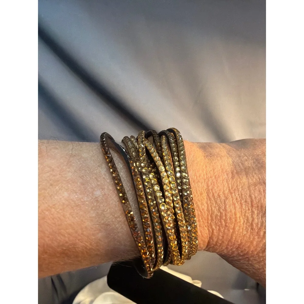 Crystal Wrap Bracelet Set Teal Amber Rhinestone Faux Suede Boho Stackable 2pc
